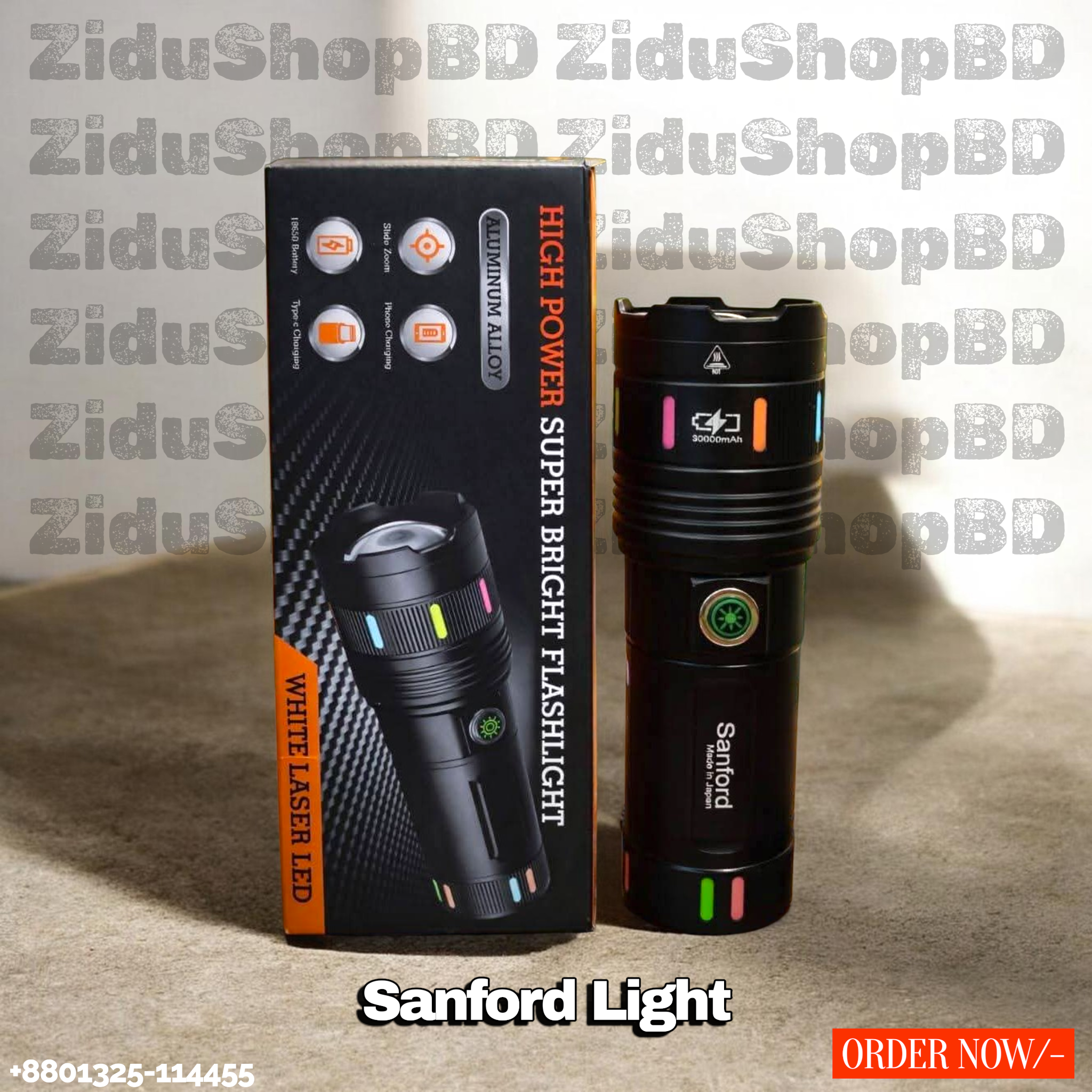 Sanford Super Bright Flashlight – White Laser LED Made in Japan 18650mAh Light