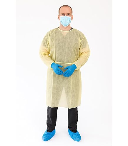 1ps Premium Isolation Gown, SMS Disposable Robe with Neck, Waist Ties, and Elastic Cuff, Large/Universal, Yellow
